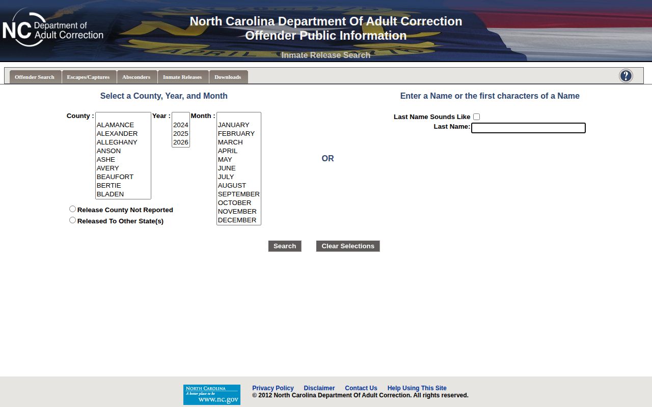 NCDAC inmate release search for state-prison releases reported to Washington County
