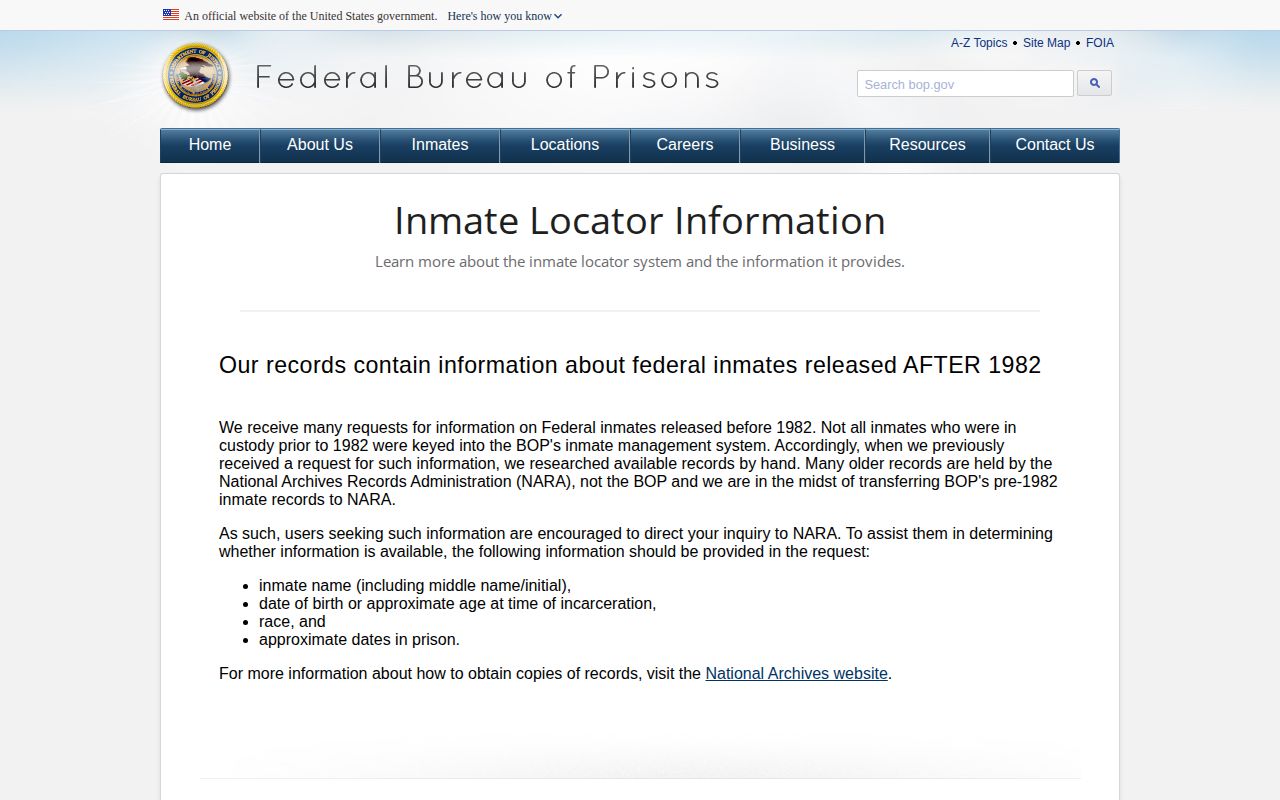 BOP released status meaning for a Washington County federal inmate