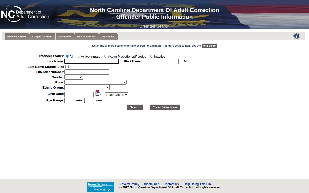 NCDAC search criteria for Washington County released inmates